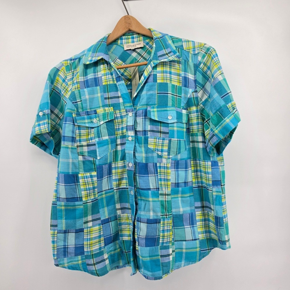 Jones New York Sport Woman 1X Blue Green Patchwork Plaid Cotton Button Shirt NWT